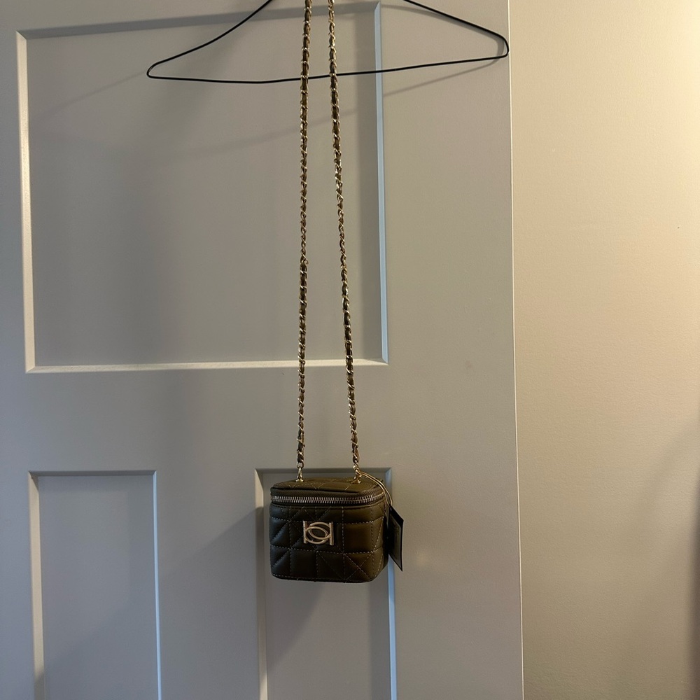 bebe Quilted Mini Crossbody Bag in Olive/Bronze with Gold Chain